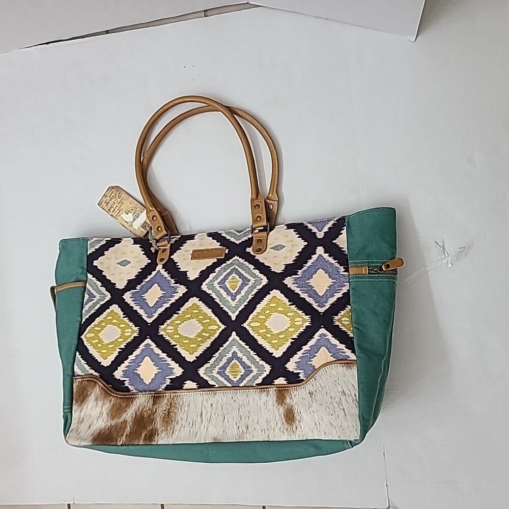 New Sixtease Tote Weekender Bag Leather Canvas Boho Southwestern Multi Textures - Picture 9 of 12